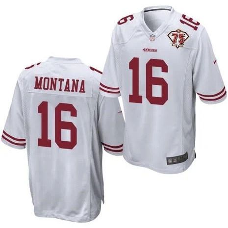 Men San Francisco 49ers 16 Joe Montana White 75th Anniversary Throwback Game Jersey